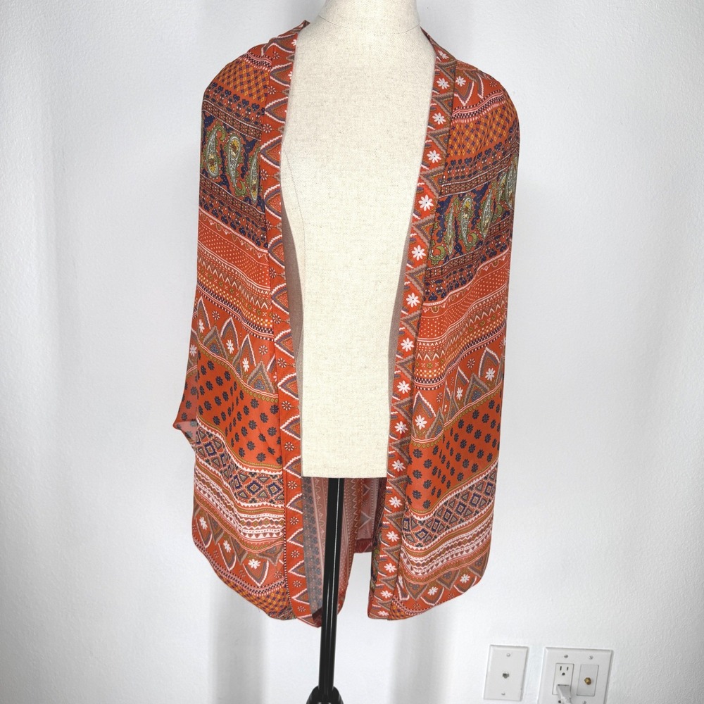 Boho Paisley Geometric Open Front Kimono Wrap Orange Multi Large Festival Layer